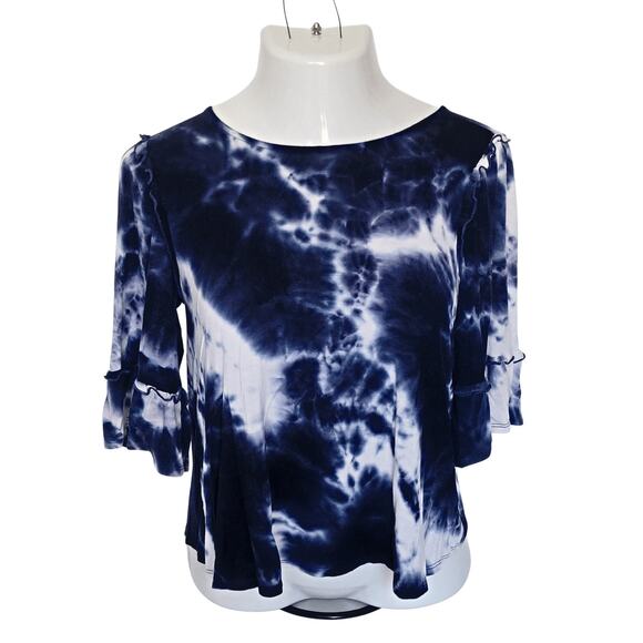 Blue White Soft Stretchy  Boho Tie-dye 3/4 Bell Sleeve Jersey Top Sz M - Picture 1 of 6
